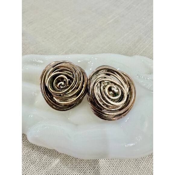 Vintage Oscar de la Renta Sculptural Silver Tone Swirl Clip-On Earrings
